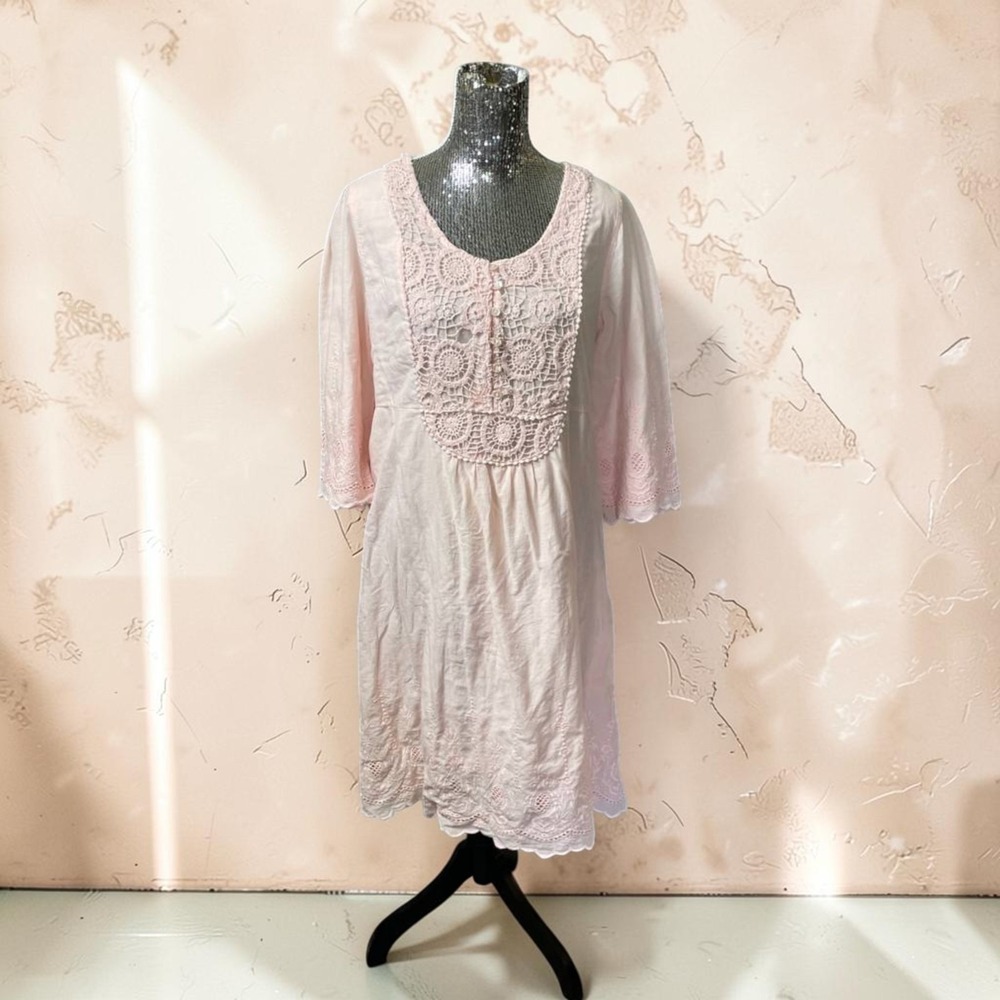 Pink 100% Cotton Embroidered Eyelet Crochet Tunic Dress Boho Cottagecore‎ 20W